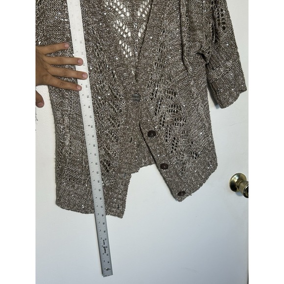 Daytrip Sequin Crochet Knit Cardigan Sweater XL Taupe Open Weave Boho Metallic - Picture 6 of 8